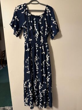 Navy Blue Floral Midi Dress with Smocked Waist